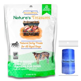 AccessiPets Bundle: Dog Treats Nature’s Treasures Chewy Jerky Treat Bundle for All Sized Dogs with 1 Waste Bag Roll (4 Ounce, Real Beef with Berries)