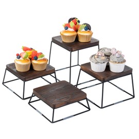 MyGift 6 Inch Square Display Risers for Food, Set of 4 Buffet Risers, Burnt Brown Solid Wood Top Riser with Matte Black Metal Wire Base, Dessert Table Display Cupcake Stands Set