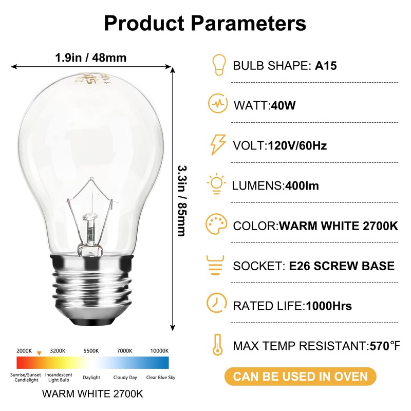 Appliance Oven Light Bulb A15 40W High Temperature 500 Degrees