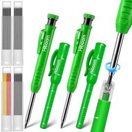 Hiboom 2 Pack Solid Carpenter Pencils with Pencil Cap, Built-in Sharpener, 24 Refills (Black, Red, Yellow), Long Nose Deep Hole Mechanical Marker Set, Scribe Tool for Construction Woodworking