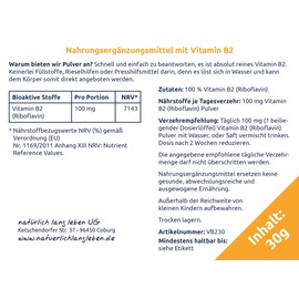 Vitamin B2 Powder 30 g - Pure Riboflavin without Additives - with Dosing Spoon