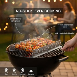 Yukon Glory Kabob Skewer Rack, Stainless Steel Rotating Shish Kebab Skewers Set, Collapsible Kabob Holder for Grill, Dishwasher Safe, 6 Metal Skewers