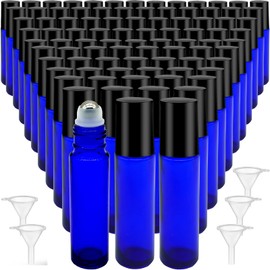Hzmssore 100 Pcs Essential Oil Roller Bottles - 10ml Empty Glass Bottles with Stainless Steel Roller Ball Protection, Leakproof for Travel, Blue