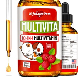 Liquid Multivitamin for Dogs – Cat Multivitamins for Indoor Cats – 10-in-1 Liquid Dog Vitamins B Complex, C, D3 – Digestion, Urination, Hip & Joint, Skin & Coat – Cranberry Flavor – 2 Oz