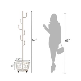 Neohomee White Cactus shaped Coat Rack Hanger Freestanding, Metal Clothes Rack with Basket 6 Hooks to Hang Clothes, Hat, Bag for Entryway, Hallway, Bedroom