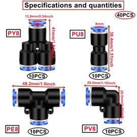 HUAZIZ 40 pieces air push quick attachments, 8 mm pneumatic connectors, pneumatic connectors, 4 shapes, straight pneumatic connectors, straight, elbow, T shaped, Y-connector