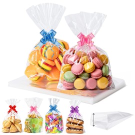 AGOBUHE Cellophane Treat Bags 8x12 Inch 50 Pack Clear Goodie Bags with Bottom Gusset & Pull Bows for Cookies Candy Party Favors