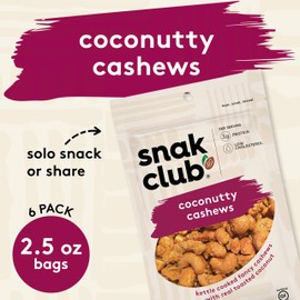 Snak Club Coconutty Cashews, Kettle Cooked Fancy Cashews with Toasted Coconut, Gluten-Free and Kosher Snack, 2.5 oz Snack Bags, 6 Pack