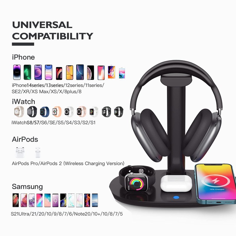 Headphone Stand with 15w Wireless Charger, Suguder 4 in 1