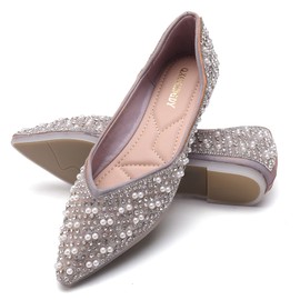 Women's Rhinestone Flats Fashion Pointed Toe Pearl Diamond Low Heel Dress Wedding Flats Work Business Dance Ballet Flats Violet Size - 10.5