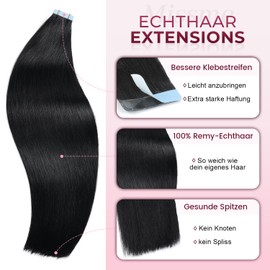 MissMe Tape-in Extensions, Real Hair, 40 cm, #1 Raven Black, Real Hair, Pack of 20, Real Hair Bonding Extensions, 40 g, Tape-In Extensions, Real Hair