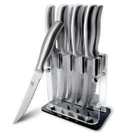 HENSOMG Steak Knife Set with Hollow Handle 9pcs,8 Pcs Steak Knives and Acrylic holder,Stainless Steel Steak Knife with All-in-one Design,Serrated Steak Knife Dishwasher Safe
