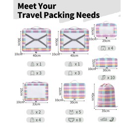 ECOHUB Packing Cubes for Suitcase 7 PCS, Suitcase Organiser Bags with Shoes Bag, Recycled Travel Organiser Packing Bags for Backpack, Rip-stop Mesh Luggage Packing Organizers, Pink Gingham