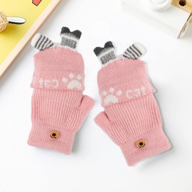 Kids Fingerless Gloves with Convertible Flip Top Knitted Thermal Gloves with Flap Cover Cute Cartoon Cat Short Half Finger Mittens for 3-6 Years Boys Girls Winter Gloves Mitts Christmas Xmas Gift