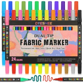 DYESMEE 24 Textile Pens Machine Washable - Textile Markers with Double Tip, Permanent Fabric Paint Pens for Canvas, T-Shirts, Jeans, Shoes, Hats, Crafts and Fabric Art Projects for Children
