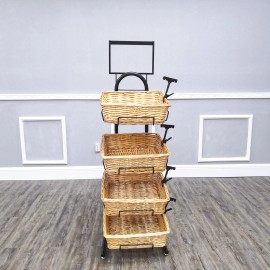 FixtureDisplays 4 Tier Basket Stand Sign Clips Wicker Bakery Rack Produce Food Floor Display