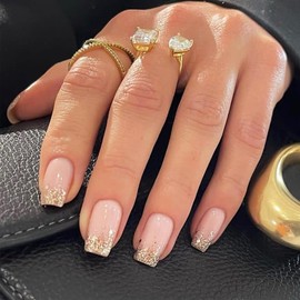 24Pcs Nude Press on Nails Square Short Fake Nails- Gold Glitter Designs Acrylic Nails Full Cover Glue on Nails French False Nails with Nail Glue Medium Artificial Nails for Women Nail Decorations