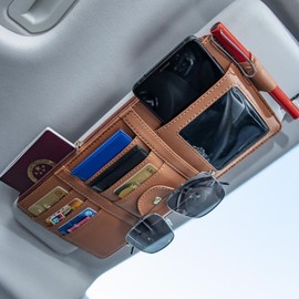 Car Sun Visor Organizer - Leather Visor Organizer Pocket - Auto Interior Accessories with Double-Bayonet Expansion Belt for, RV, Small Car, Truck