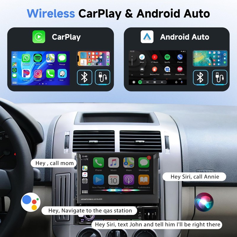 Podofo Upgrade Wireless CarPlay Single Din Radio 7 Inch Flip