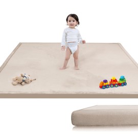 Baby Play Mat for Floor, 1.3" Thick Memory Foam Muscle Playpen Cushion, Soft Coral Velvet Tummy Time Mat with Non-Slip Backing, Water Repellent Child Nursery Rug for Toddlers, Kids (Beige, 50X50)