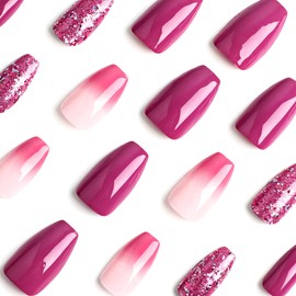 Gradient Purple Press On Nails Short Square,Glitter Fake Nails Acrylic Nails Medium,T-Shaped Bling Nails Short with Design,Stick on Nails Press ons,Square Nails False Nails for Women in 24 PCS