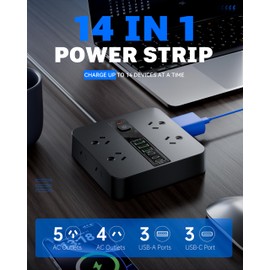 Rigurgito Power Board Surge Protected - 8 Outlets Powerboard USB with 6 USB (3 USB-C) Ports, 4 Side Outlet Extender with 1.8M Extension Cord, Wall Mount Power Strip Charging Station for Home Office