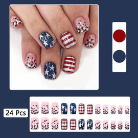 24Pcs 4th of July Press on Nails Medium Square Fake Nails with Polka Dots Designs American Flag Star Acrylic Nails Silver French Tip False Nails Independence Day Patriotic Stick on Nails for Women