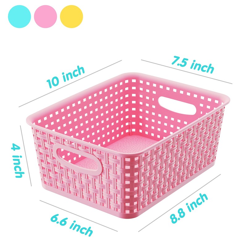 Colorful Small Plastic Storage Woven Baskets, 6 Pack Versatile Shelf