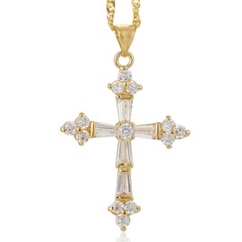 RIZILIA Crucifix Cross Pendant with 45cm(18") Chain & Trapezoid Cut Gemstones CZ [White Topaz] in 18K Yellow Gold Plated, Simple Modern Elegance