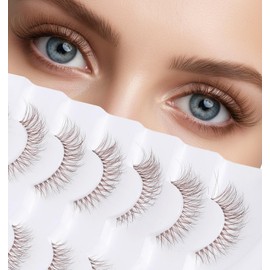 7 Pairs Brown Lash Strips, Natural Cat Eye False Lashes Wispy Volume C-Curly Brown Eyelashes with Clear Band, Faux Mink Lashes for Natural Look