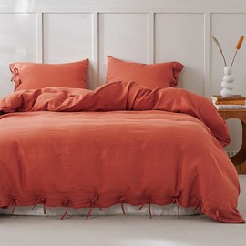 Simple&Opulence 100% Linen Duvet Cover Set 3pcs with Bowknot Ties Closure Natural French Washed Flax Solid Color Soft Breathable Farmhouse Bedding - Brick Red, Queen Size