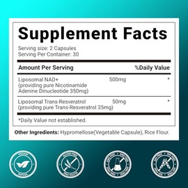 Suplemento NAD 500mg, suplemento liposomal NAD+ con Trans-Resveratrol | para mujeres y hombres, vegano sin OMG, 60 cápsulas