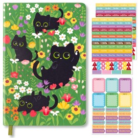 B1ykin Hardcover Ruled Journal Notebook with Planner Stickers, 196 Pages PU Leather Journal Notebook Journals Diary Notepad for Writing Travel Business Work School College Taking (Black Cat Floral)