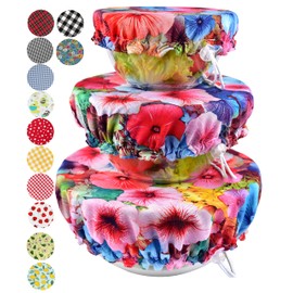 Handmade Reusable Cotton Fabric Bowl Covers - Two Layers of Fabric (Set of 3, Poppies)