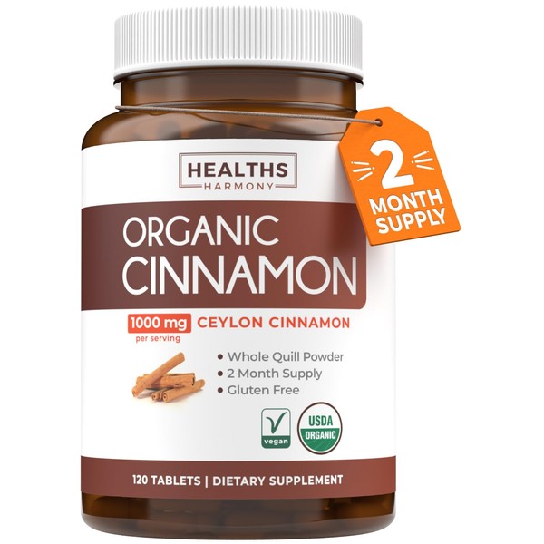 Healths Harmony USDA Organic Ceylon Cinnamon (120 Tablets) 1000mg Cinnamon