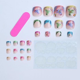 24Pcs Colorful French Press on Toenails Short Square WLGDLH Spring Fake Toe Nails Cute 3D Flower Rhinestones Design Summer Nails for Toes Nude Toenail Press ons Gold Beads Acrylic Fake Toenails