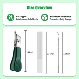 3-Piece Wide Jaw Nail Clipper Set – Green Eagle Beak Slanted Clippers with Anti-Splash Collector & Glass Nail File, Ergonomic Toenail and Fingernail Cutter for Men & Women