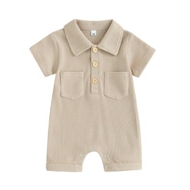 Lukivech Newborn Baby Boy Clothes Waffle Knit Short Sleeve Romper Jumpsuit Collared Bodysuit One-Piece Summer Outfit(Khaki, 6-12 Months)