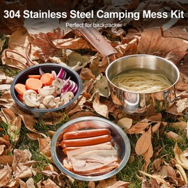 Odoland 10pcs Camping Cookware Stainless Steel Camping Pot and Pan Set with Plate Bowl Fork Knife Spoon for Backpacking, Hiking, Outdoor Cooking and Picnic