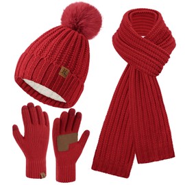 Bequemer Laden Womens Winter Warm Beanie Hat Long Neck Scarf Touchscreen Gloves Set Knit Skull Caps Pompom with Fleece Lined Gifts for Women