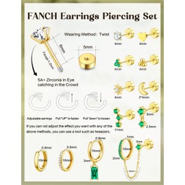 FANCH 12 Pieces Surgical Steel Stud Earrings for Women Hypoallergenic 316L Stainless Steel Hoop Earrings Set 14K Gold-Plated Flat Back Tragus Helix Cartilage Green CZ Chain Medical Earrings for