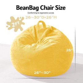 Homguava 2FT Bean Bag Chair,Teardrop Bean Bags Small Beanbag Chair with Memory Foam Filled and Ultra Soft Corduroy Cover for Living Room, Bedroom (Yellow)