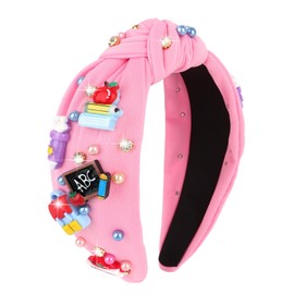 Brimekichio Teacher Headband Pink Knotted Back to School Headband Rhinestone Pearl Embellished Teacher Accessories for Women