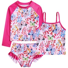 Funnycokid Little Girl Swimsuit Size 5 6 Long Sleeve 3 Pieces Rash Guard Tankini Bathing Suit Cute Butterflies Swimwear Ruffle UPF50+ Kids Bikini