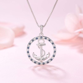Women's Necklace Anchor Blue White Crystals Anchor Chain with Pendant Silver Chains Maritime Made of 925 Silver Gifts + for You Boat Love Heart Necklace with Gift Box, Silver, Crystals
