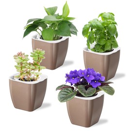 Oliz 4 Pack Self Watering Pots 4-inch Decorative Flower Planters for Indoor Plants Modern Square planters for Small Plants Window Sill Planters for Succulents, African Violets, Herbs(Sliver Gold)