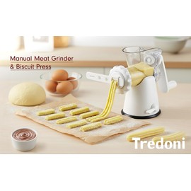 Tredoni Manual Meat Mincer Grinder & Vegetable Shredder, Biscuit Press Machine Cookie Maker + Churros/Biscuits Patterns Attachment, White