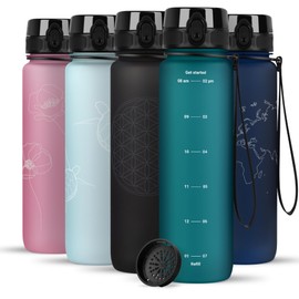 720°DGREE Water Bottle 1 Litre with Motivational Scale "uberBottle" + Strainer - Dense, Lightweight, BPA-Free, Shatterproof - Water Bottle for University, Sports, Fitness, Bike, Outdoor - Tritan