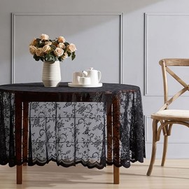 HLC.ME Harper Floral Lace Fabric Tablecloth, Lace Fabric Table Cloth for Round Tables, Wrinkle Resistant Tablecloth, Patterned Scalloped Tablecloth (70 Round, Black)