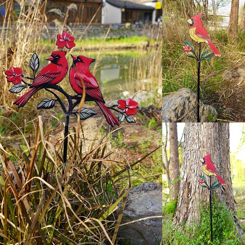 Red Cardinal Garden Stake – Metal Outdoor Bird Decoration for
